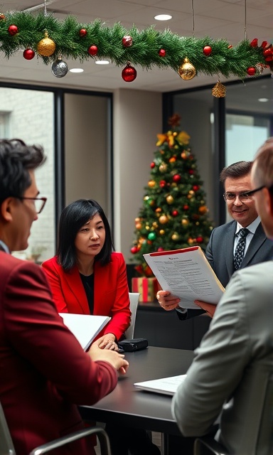 holiday-themed marketing advice, thoughtful, presenting a plan, photorealistic, conference room adorned with tinsel and ornaments, highly detailed, coworkers listening attentively, vibrant colors, directional lighting, shot with a 24-70mm zoom lens