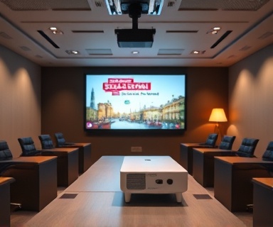 dynamic seasonal marketing, engaging, presenting a slideshow, photorealistic, state-of-the-art conference room with a digital projector, highly detailed, a projector casting visuals, realistic depth of field, neutral color scheme, cool white LED lighting, shot with a telephoto lens.
