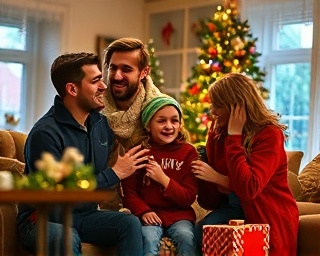 joyful family, festive, celebrating holiday spirit, photorealistic, cozy living room with a decorated Christmas tree, highly detailed, soft snowfall visible through the window, f/3.5, rich reds and greens, soft ambient light, shot with a 35mm lens.