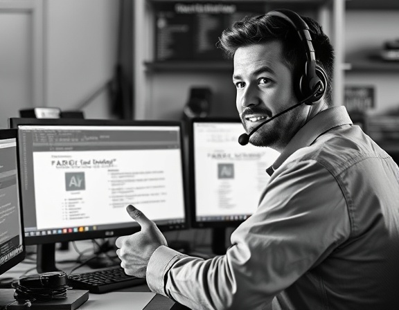 instructive FAQ support, focused expression, showing steps, photorealistic, tech support desk with multiple monitors, highly detailed, wires and gadgets around, high resolution, grayscale palette, task lighting, shot with an 85mm lens.