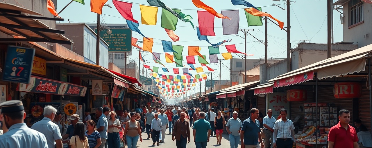 creative expression, dynamic expression, forming, photorealistic, bustling market street with colorful stalls and people, highly detailed, fluttering flags above, UHD quality, bright contrasting colors, sharp midday lighting, shot with a telephoto lens.