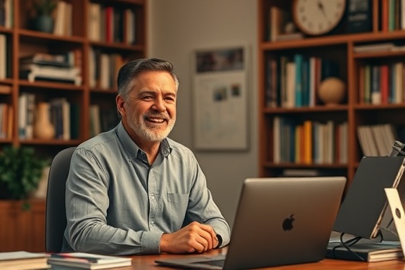 elated client, expressing gratitude in a testimonial, photorealistic, cozy home office with bookshelves, highly detailed, personal items on the desk, slight bokeh effect, earth hues, ambient soft light, shot with an 85mm lens.