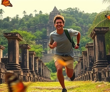 adventurous success travel, elated expression, running through ancient ruins, photorealistic, lush tropical forest in the background, highly detailed, butterflies fluttering around, f/4, warm and soft lighting, shot with a 24-70mm lens