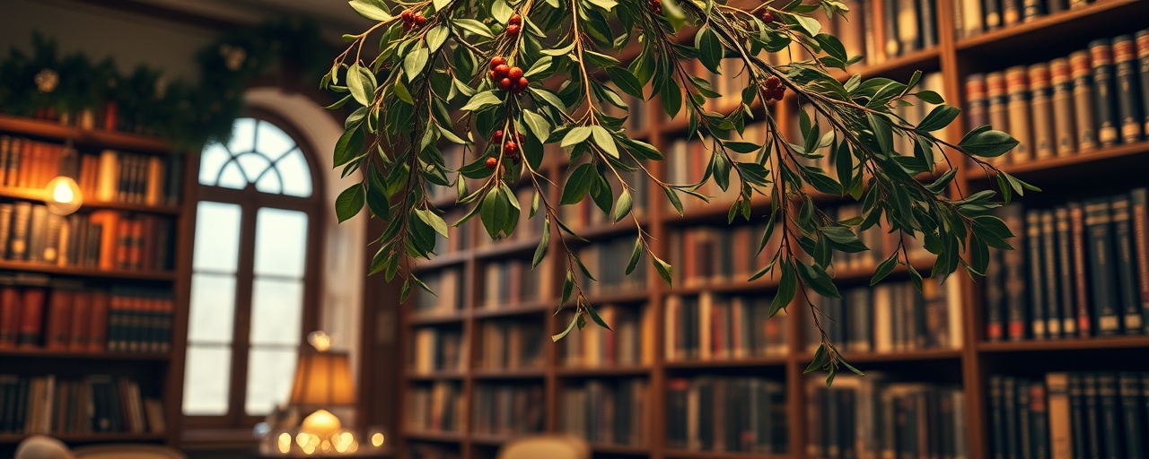innovative festive marketing, eager, refining holiday strategy, photorealistic, library-transform-office space with holiday books, highly detailed, gentle sway of hanging mistletoe, superb clarity, classic vintage sepia, ambient warm lighting, shot with a 50mm lens.