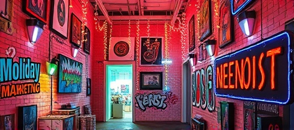 colorful holiday marketing, energetic, measuring results, photorealistic, creative studio filled with artwork, highly detailed, dynamic graffiti on walls, crystal clear, bright neons, directed spotlight, shot with an 85mm lens.