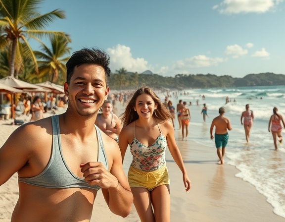 dynamic videography holiday, cheerful expression, editing footage, photorealistic, bustling beach resort with people playing and relaxing, highly detailed, ocean waves and palm trees swaying, crisp image quality, bright and vivid colors, natural daylight, shot with a 24-70mm lens.