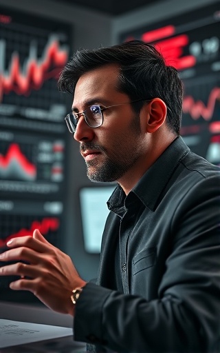 sophisticated seasonal marketing, contemplative expression, analyzing market trends, photorealistic, high-tech office with digital interfaces and analytical tools, highly detailed, fluctuation in charts and graphs, fine grain, monochrome with red accents, ambient lighting, shot with a 70-200mm lens.