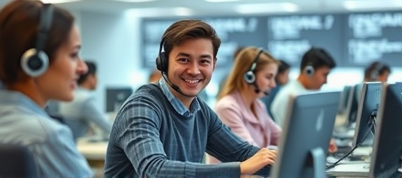 helpful FAQ support, friendly expression, assisting, photorealistic, helpdesk environment with phones and computers, highly detailed, some people interacting, high resolution, cool colors, diffuse lighting, shot with a 24mm lens.