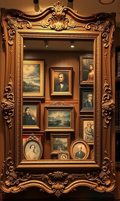 vintage frame art, nostalgic expression, artfully carved, photorealistic, Victorian-style gallery with classic artworks, highly detailed, delicate engravings, high dynamic range, sepia tones, ambient evening glow, shot with a tilt-shift lens.