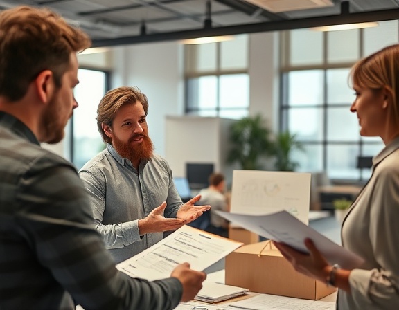 collaborative FAQ answer, confident expression, demonstrating, photorealistic, modern workspace with team members, highly detailed, documents and charts visible, high resolution, warm tones, overhead lighting, shot with a 35mm lens.