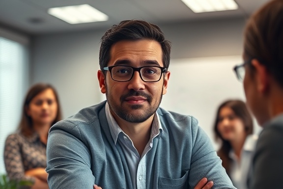 thorough FAQ answer, calm expression, illustrating, photorealistic, corporate meeting room with whiteboard, highly detailed, colleagues listening, high resolution, muted colors, bright overhead lighting, shot with a 35mm lens.