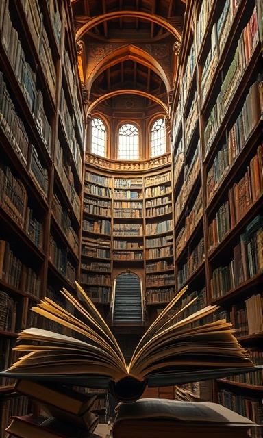 artistic expression, emotive expression, crafting, photorealistic, vintage library setting with towering bookshelves and intricate woodwork, highly detailed, pages of books flipping gently, high clarity, warm earthy tones, soft diffused lighting, shot with an 85mm lens.