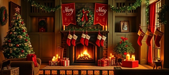festive banners, merry, singing, photorealistic, cozy living room with a fireplace, highly detailed, stockings and gifts, 35mm lens, vibrant reds and greens, candlelight and fireplace glow, shot with a Nikon AF-S 35mm