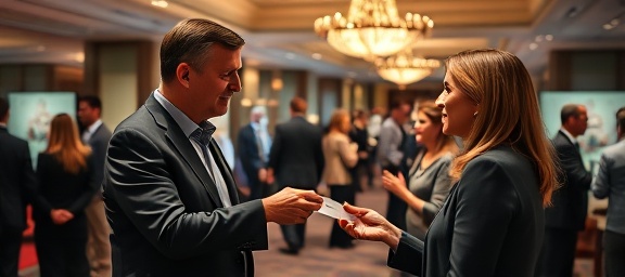 networking event for expertise, charismatic host, facilitating connections, photorealistic, elegant reception area with networking booths, highly detailed, business cards exchanging hands, vivid clarity, sophisticated color palette, gentle shadow and highlight play, shot with a 24-70mm zoom lens