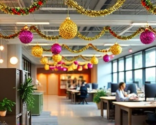 cheerful festive marketing, collaborative, implementing ideas, photorealistic, open-plan office with vibrant holiday ornaments, highly detailed, shimmering tinsel hanging from the ceiling, clear resolution, joyous color blend, even overhead lighting, shot with a tilt-shift lens.