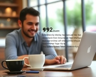 satisfied customer, warmly describing their experience in a review, photorealistic, inviting café setting, highly detailed, coffee cup and laptop, blurred background, neutral colors, natural light filtering in, shot with a 50mm lens.