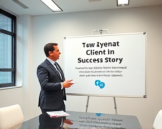 experienced consultant, confidently outlining a client success story, photorealistic, professional meeting room with whiteboard, highly detailed, documents and stationary, clear and sharp, corporate colors, fluorescent light, shot with a 24mm lens.