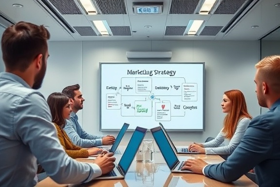 strategic marketing strategy, focused expression, outlining campaign goals, photorealistic, sleek conference room with digital whiteboard and laptops, highly detailed, animated discussions and ideas, high resolution, corporate colors, fluorescent lighting, shot with an 85mm lens.