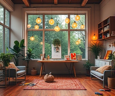 creative marketing ideas, inspired expression, brainstorming, photorealistic, cozy room with large windows and art supplies scattered, highly detailed, floating light bulbs, 85mm lens, pastel colors, diffused lighting, shot with an 85mm f/1.4 camera lens