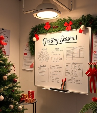 Christmas season marketing articles, creative, brainstorming, photorealistic, well-lit creative space with holiday garnishments, highly detailed, whiteboard with notes and sketches, festive colors, overhead lighting, shot with a 35mm prime lens