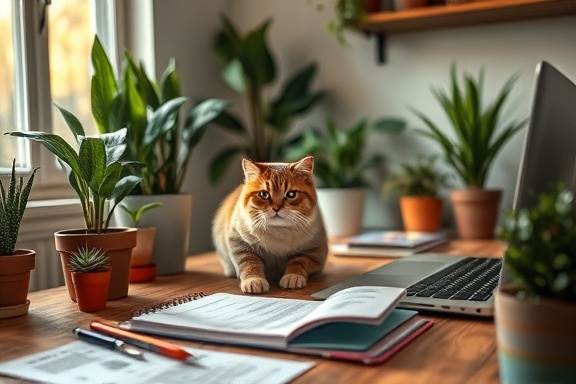 organized content planning, determined, sketching on paper, photorealistic, cozy home office with potted plants and a laptop, highly detailed, a cat sitting calmly, sharp focus, earthy colors, soft ambient glow, shot with a macro lens.