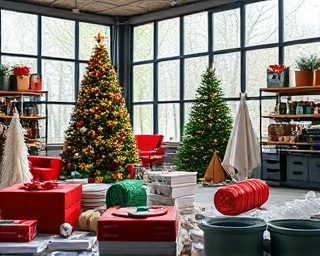 exciting holiday solutions, innovative, designing, photorealistic, workspace filled with holiday materials, highly detailed, twinkling lights, high definition, vivid red and green, daylight flooding through large windows, shot with a 35mm lens.
