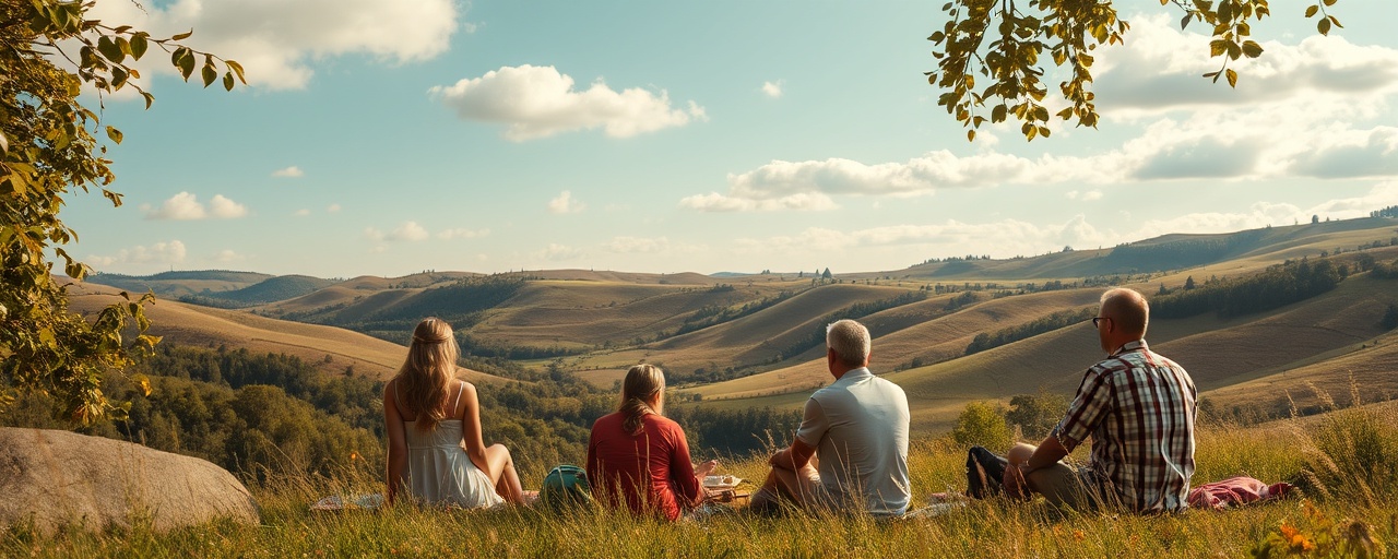 lively creative vacation, relaxed expression, producing clips, photorealistic, serene countryside with rolling hills and picnic goers, highly detailed, gentle breeze rustling leaves and scattered clouds, earthy tones, dappled sunlight, shot with an 85mm lens.