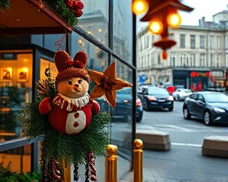 dynamic seasonal marketing, captivated, presenting, photorealistic, urban coffee shop setting decorated for the holidays, highly detailed, reflections of busy streets in the windows, 4k quality, vibrant colors, warm golden lighting, shot with a 85mm lens.