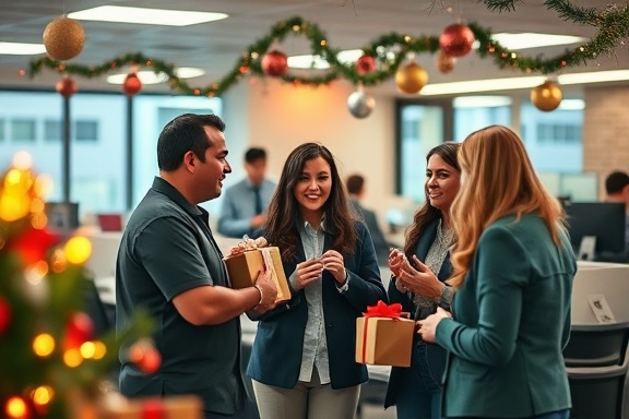 Festive office colleagues, chatting, exchanging gifts, photorealistic, office break room decorated with holiday ornaments and lights, highly detailed, festive streamers, warm and cozy colors, fluorescent lighting, shot with a standard lens