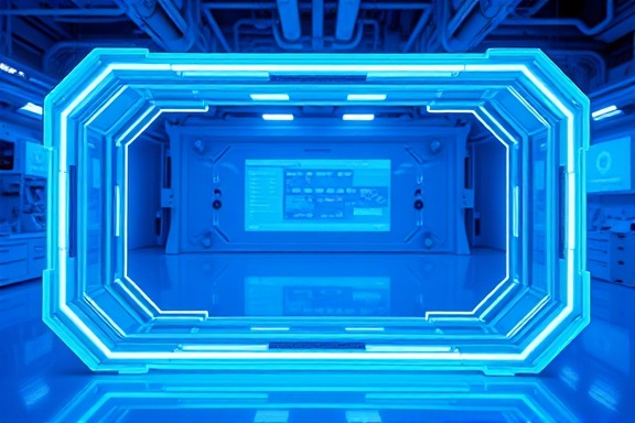 futuristic frame innovation, bold expression, inventively designed, photorealistic, tech lab with holographic displays, highly detailed, smooth and glossy finish, 8k frame rendering, chrome blue, cold fluorescent lighting, shot with an ultra-wide-angle lens.