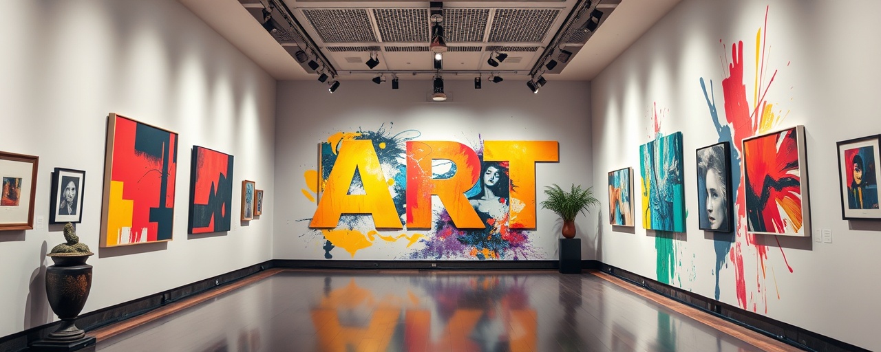 vibrant banner graphic, eye-catching, illustrating an art exhibition, photorealistic, within an art gallery ambiance, highly detailed, abstract artistic flourishes, using bold primary colors, spot lighting, shot with a telephoto lens.