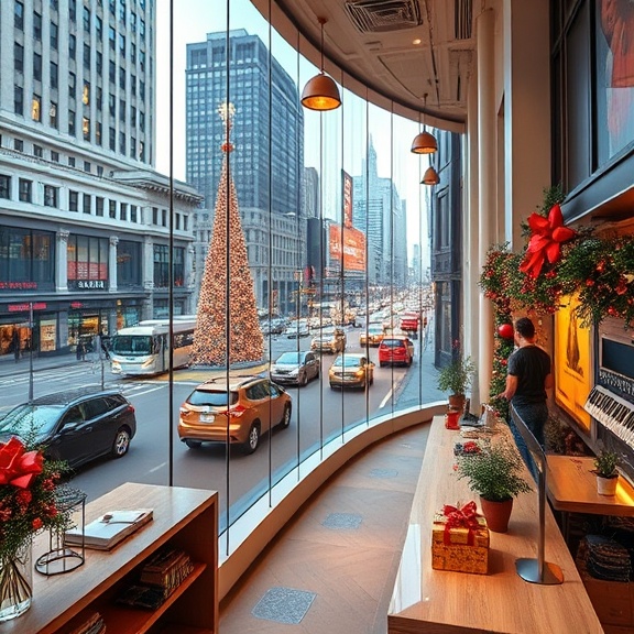 sparkling seasonal marketing, focused, innovating, photorealistic, chic downtown workspace adorned with festive elements, highly detailed, bustling traffic view outside the large windows, vivid colors, bright, airy atmosphere, shot with a 16-35mm lens.